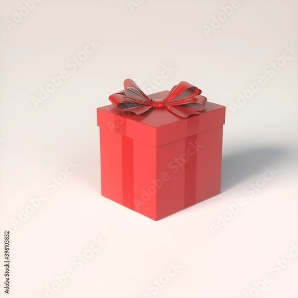 Fototapeta Christmas and New Year's Day. Red gift box or present with bow on isolated wite background with shadow. 3D rendering