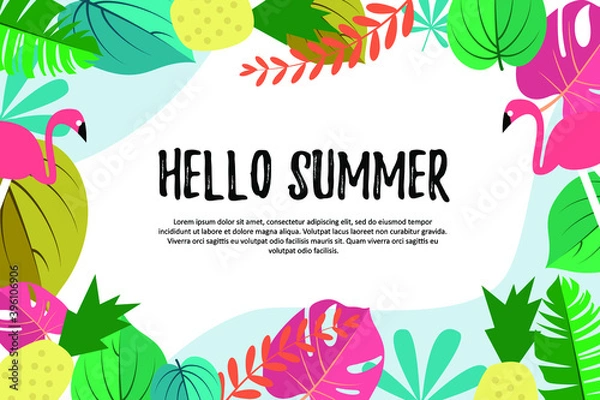 Fototapeta White abstract background with hello summer writing and colorful leafy decoration