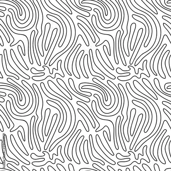 Fototapeta Background of a thin black line on a white background. One line. Linear style. An imprint, a twisting curve. Seamless pattern. Stock vector illustration.