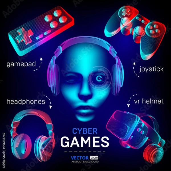 Obraz Cybersport games icons set - abstract VR helmet with glasses, headphones, gamepad, joystick and robot face. Outline vector illustration of different stuff for retro games in 3d neon line art style