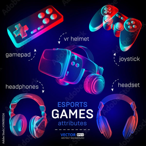 Fototapeta Cybersport games icon set - abstract VR helmet with glasses, headphones, gamepad, joystick. Outline vector illustration of different attributes for retro games and streaming in 3d neon line art style