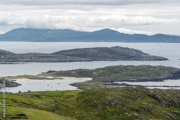 Fototapeta Amazing panoramic view from Com an Chiste Pass, Ring of Kerry, Iveragh Peninsula, County Kerry, Ireland, Europe. Part of Wild Atlantic Way