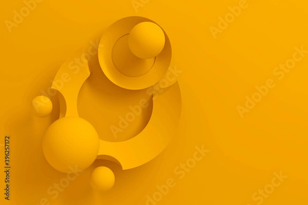 Fototapeta Abstract three-dimensional background of many circles with a stylized display of the planet and satellites on orange background. 3D illustration