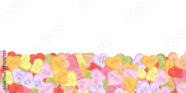 Fototapeta Vector seamless border with colorful sweethearts for valentine day holiday. Cute conversation hearts candy frame. 