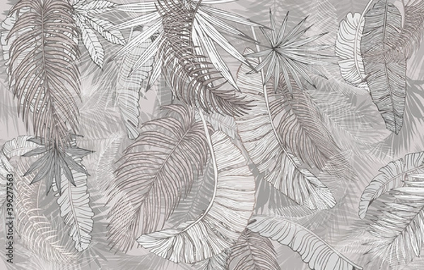 Fototapeta Mural, wallpaper. Palm leaves, graphics. Beige tone.