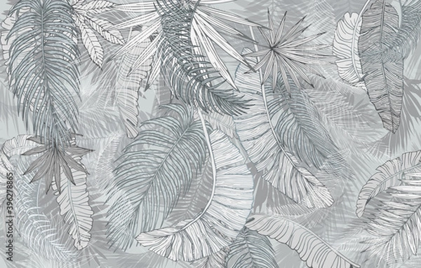 Obraz Mural, wallpaper. Palm leaves, graphics. Blue tone.