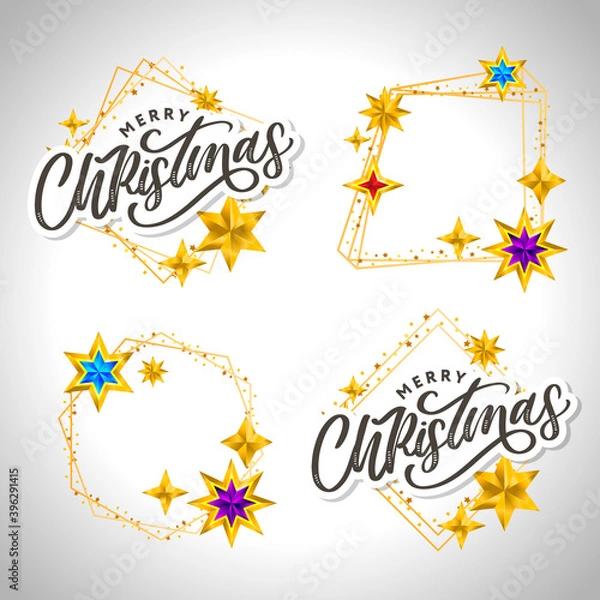Fototapeta Merry Christmas card with hand drawn lettering and stars on dark background. Cute Holiday golden frame background