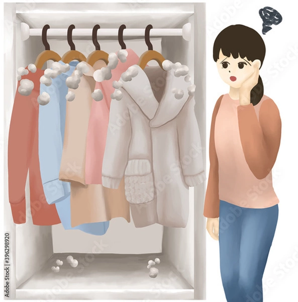 Obraz クローゼットの埃が積もった服と困る女性
