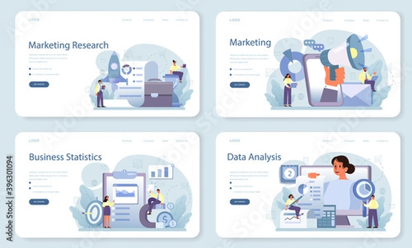 Fototapeta Marketing research web banner or landing page set. Statistics analysis