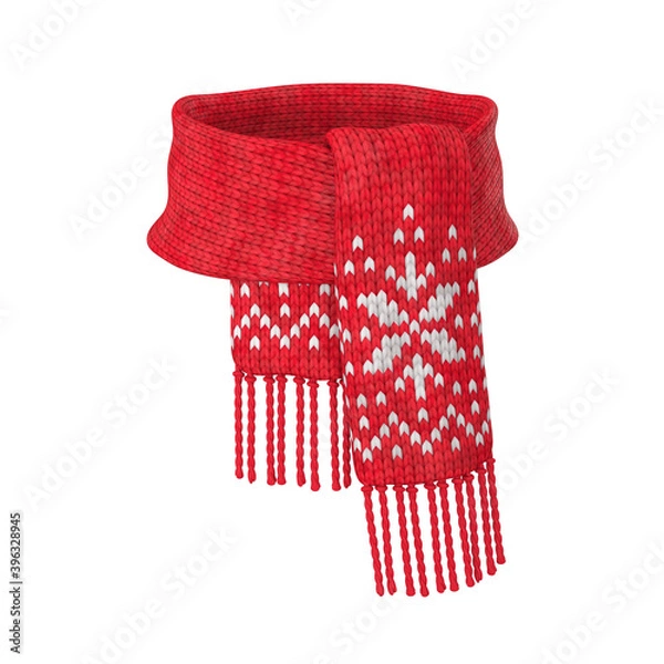 Obraz Red wool scarf with a white pattern on a white background, 3D render