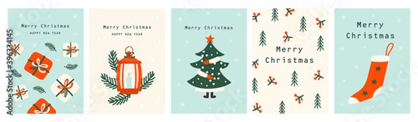 Fototapeta Set Christmas cards with Christmas tree,  christmas elements. Vecto