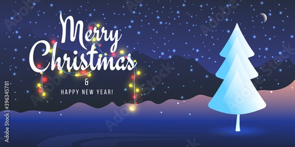 Fototapeta Merry Christmas holiday postcard, 2021 banner. Happy New Year, starry snowy night with abstract Christmas tree. Handmade text with garlands, New Year's fairy tale.