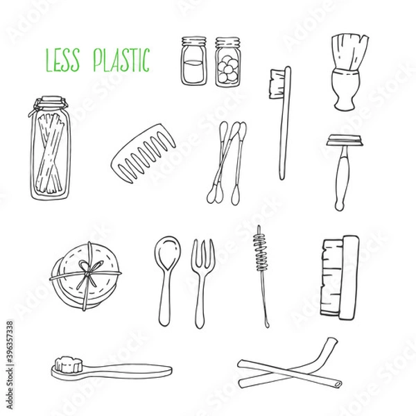 Fototapeta Hand drawn vector illustration of zero waste concept. Eco outline clipart for print, card, textil design. Set of less plastic objects. Reusable, wood, bamboo, washable objects for everyday use