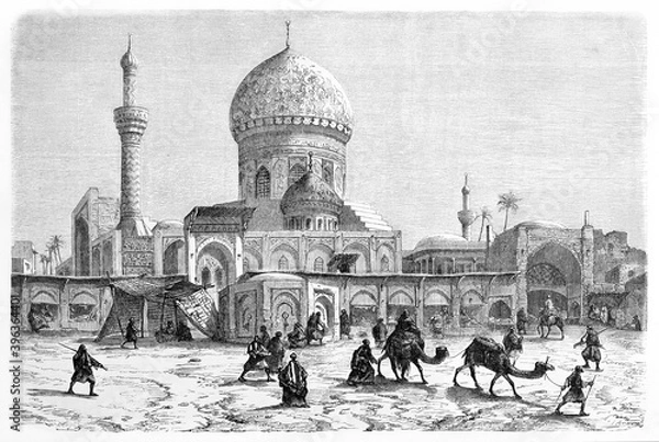 Obraz huge Midan mosque and the front square with arabian shops, people and camels, Baghdad. Ancient grey tone etching style art by Flandin, Le Tour du Monde, 1861