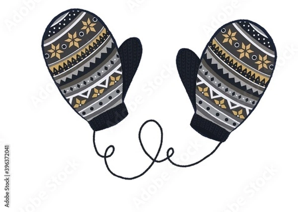 Fototapeta Illustration of knitted mittens with different textures and patterns. Beautiful postcard with gloves on isolated white background. Winter holiday. New year and Christmas.