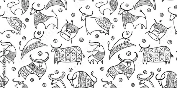 Obraz Funny bulls collection. Lunar horoscope sign. Happy new year 2021. Bull, ox, cow. Seamless pattern for your design