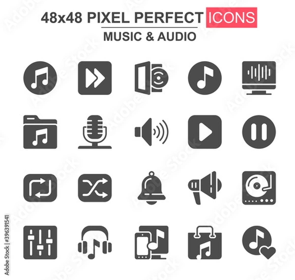 Obraz Music and audio glyph icon set. Vinyl record player, mixer, equalizer, headphone, loudspeaker, microphone unique icons. Flat vector bundle for UI UX design. 48x48 pixel perfect GUI pictograms pack.