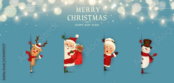 Fototapeta Merry Christmas. Happy new year. Funny Santa Claus with Mrs. Claus, red-nosed Reindeer, snowman in blue background with christmas tree. Mrs. Claus Together. Vector cartoon character of Santa Claus