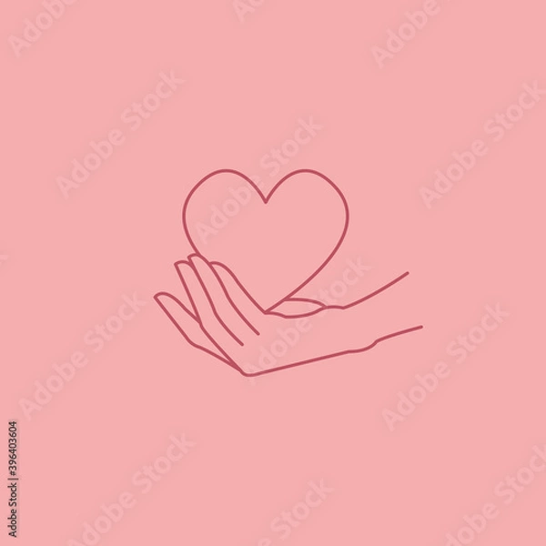Fototapeta Woman hand holding a heart, logo template for your design, line art style. Vector illustration