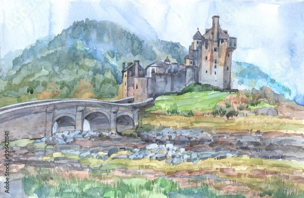 Fototapeta Eilean Donnain Castle in Scotland on a summer day, watercolor drawing of an historic Scottish castle.