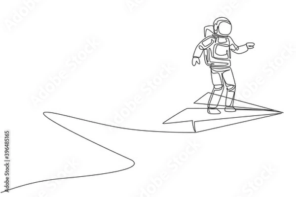 Fototapeta Single continuous line drawing of young astronaut standing steady still at flying paper plane on the sky. Cosmonaut outer space concept. Trendy one line draw graphic design vector illustration