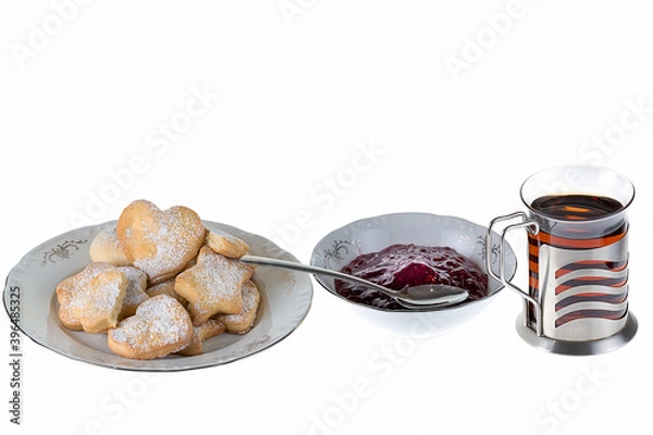 Obraz Curd biscuits, raspberry jam and tea