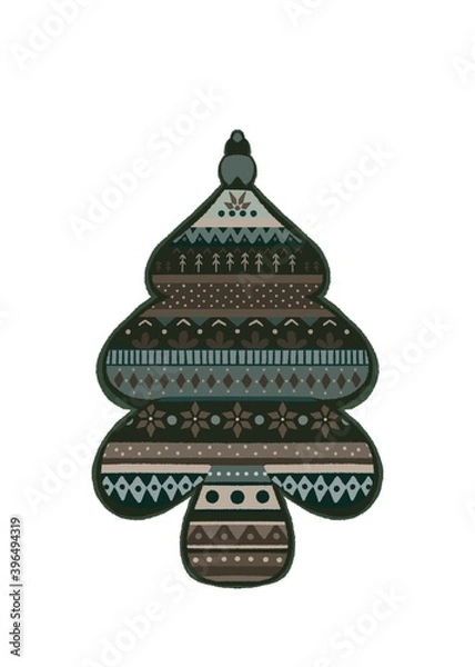 Fototapeta Illustration of Christmas tree with different textures and patterns. Beautiful postcard with pine on isolated white background. Winter holiday. New year mood.