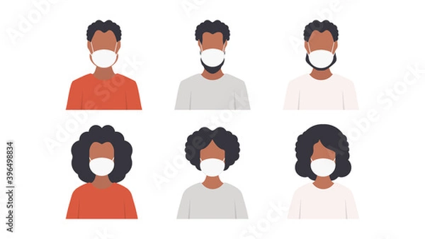 Fototapeta African American people in masks. Set of dark-skinned people in protective medical face masks. Vector.