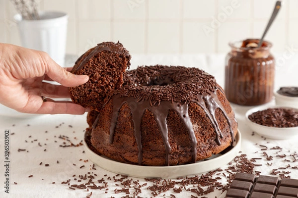 Fototapeta chocolate cake on a white plate
