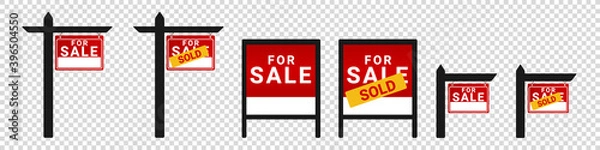 Fototapeta For Sale, Sold Wooden Posts - Different Vector Illustrations - Isolated On Transparent Background