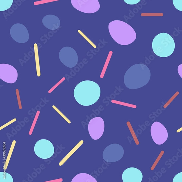 Fototapeta Round purple, gray and pink shapes, red and yellow lines on calm calm background. Abstract doodle seamless pattern. Suitable for packaging, textile.