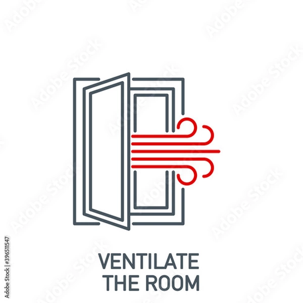 Obraz open window with a stream of fresh air, room ventilation single line icon isolated on white. Perfect outline symbol Coronavirus Covid 19 prevention banner. Quality design element with editable Stroke
