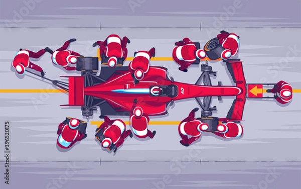 Fototapeta Pit stop in races f1. Replacing wheels on the race. Red speed car. A team of profesionals engaged in their work. Race car pilot. Fast maintenance of the car. Vector Illustration