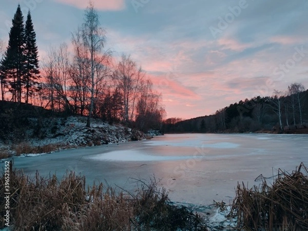 Fototapeta frozen pond near the forest against the background of a crimson sunset in the evening landscape