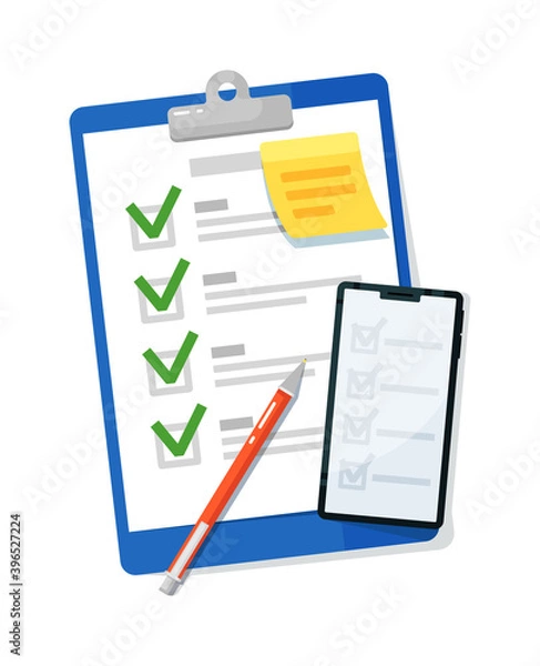Fototapeta Checklist clipboard and survey form on mobile phone screen