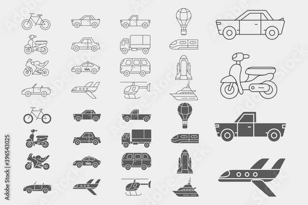 Fototapeta Transportation Icons set - Vector outline symbols and silhouettes of train, car, ship, bicycle, bus, airplane and etc. for the site or interface