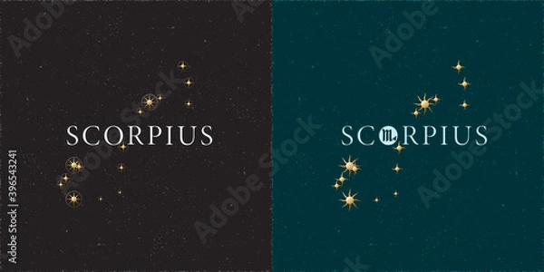 Obraz Zodiac Constellation Scorpius Chiseled Stars and Logo Lettering with Scorpio Zodiac Sign Symbol - White and Golden Elements on Black Grunge Background - Mixed Graphic Design