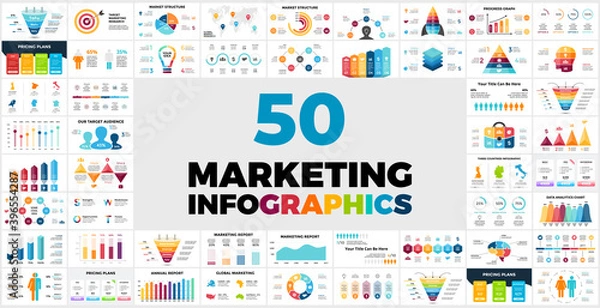 Obraz 50 szablonów infograficznych marketingowych do prezentacji. Zawarte elementy z lejków sprzedaży lub ludzkich sylwetek po plany cenowe, wykresy i raporty.