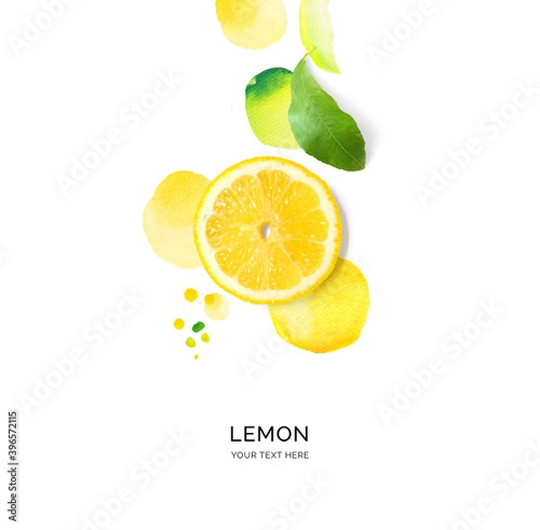 Fototapeta Creative layout made of lemon with watercolor spots on the white background. Flat lay. Food concept.