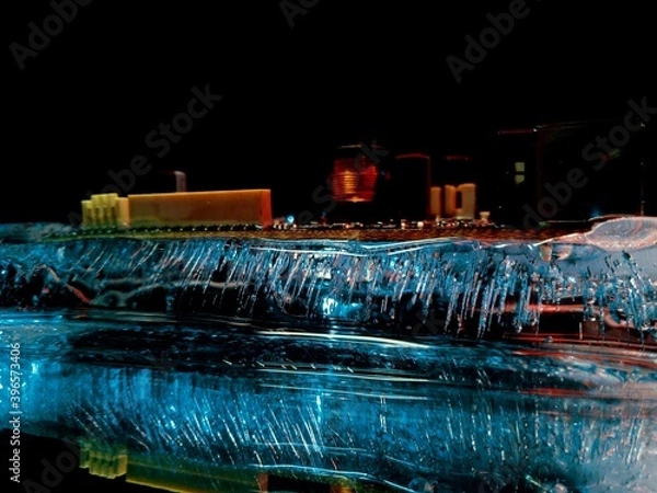 Fototapeta an abstract photograph of a wiring diagram frozen in ice like a night city