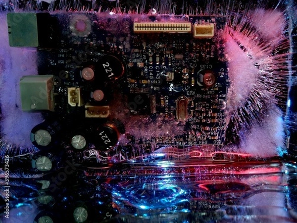 Fototapeta creative photo of an electrical circuit in ice glowing like city lights at night
