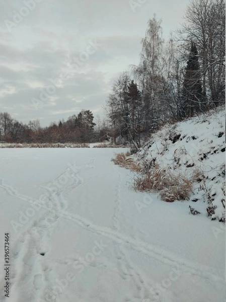 Fototapeta evening landscape by the coastline of a frozen and snowy lake