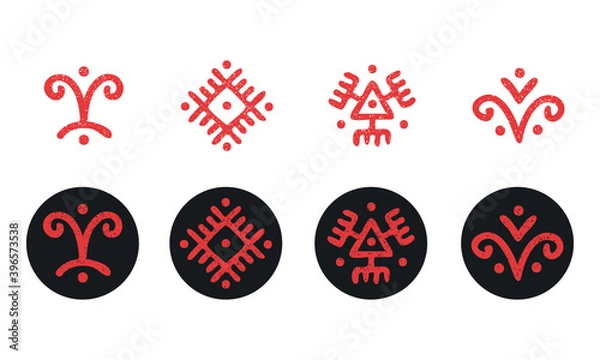 Fototapeta Vector ethnic floral symbols in grunge style isolated on white background. Instagram story highlight icons. Tribal elements for design creation. Magic hand draw symbols as scripted talismans. 