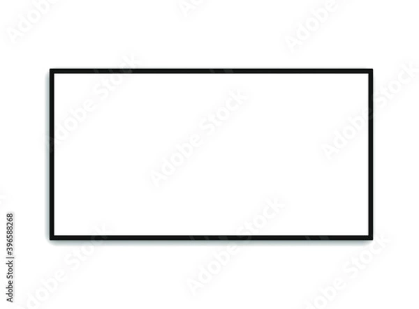 Obraz A TV with a blank white screen without a stand. Hanging on the wall, casting a shadow back. Place for text, images. Vector illustration, realistic design, isolated on white background, eps 10.