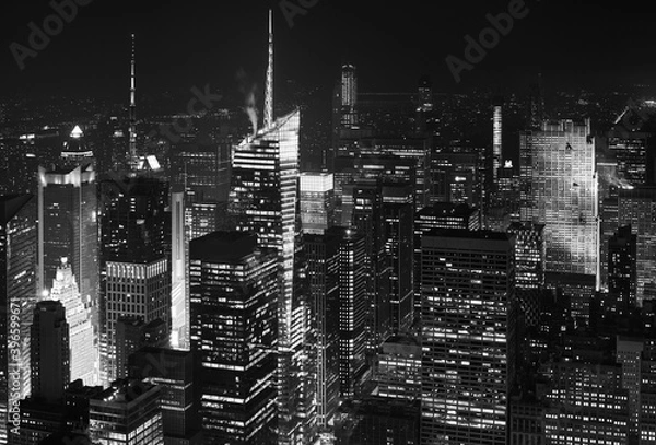 Fototapeta Black and white aerial photo of Manhattan night cityscape, New York, USA.