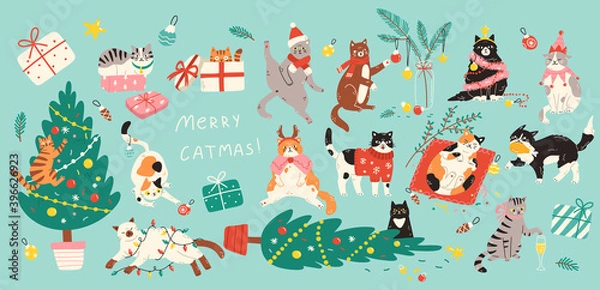 Obraz Set of adorable cats celebrating Christmas. Vector illustration of cute pets playing with Christmas decorations and wearing festive costumes in flat cartoon style. Elements are isolated.