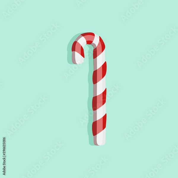 Obraz Candy cane in flat style isolated on a turquoise background. Vector illustration.