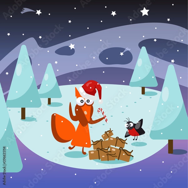 Obraz Fox and bullfinch with pile of Christmas gifts in the snowy forest. Starry night. Stars and comets. Vector illustration. Christmas postcard.