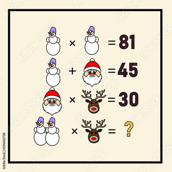 Fototapeta New Year's riddle. Preschool or kindergarten Christmas puzzle. Mathematical counting game for children and adult. Mathematic riddle for the mind. Riddle with numbers. Vector