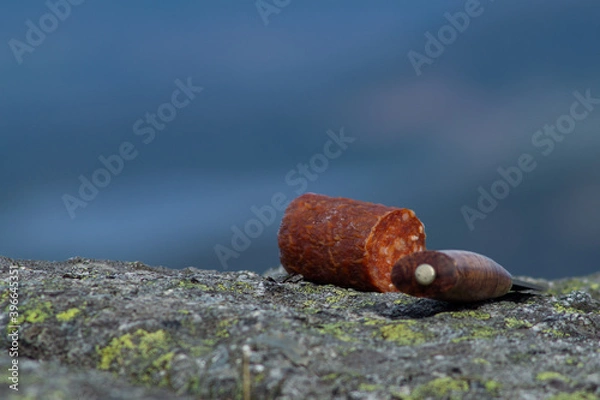 Fototapeta Knife cutting sausage in the mountain with blurry mountain landscape in background.  Outdoor food.